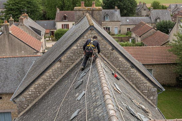 Artisan couvreur professionnel accomplissant des travaux sécurisés de couverture