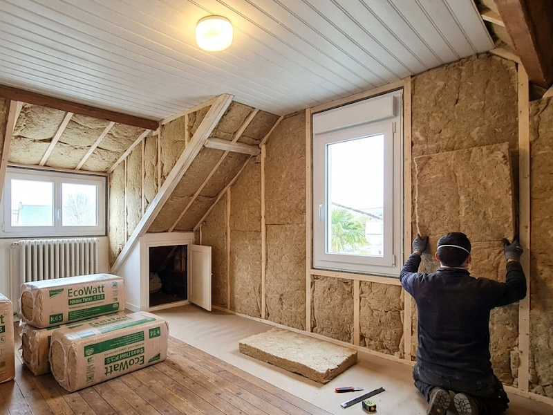 Pose d'isolant thermique performant et respectueux sous les combles d'une maison