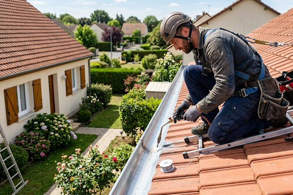 Installation et soudure d'une gouttière en zinc moderne sur un débord de toit
